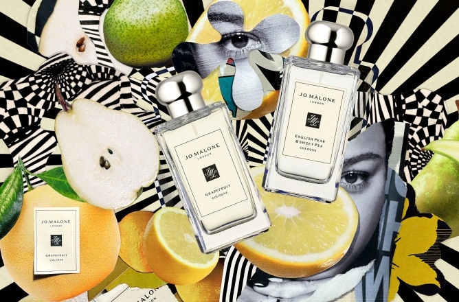 Jo Malone London bottles with citrus fruits and florals on a dynamic black-and-white spiral.